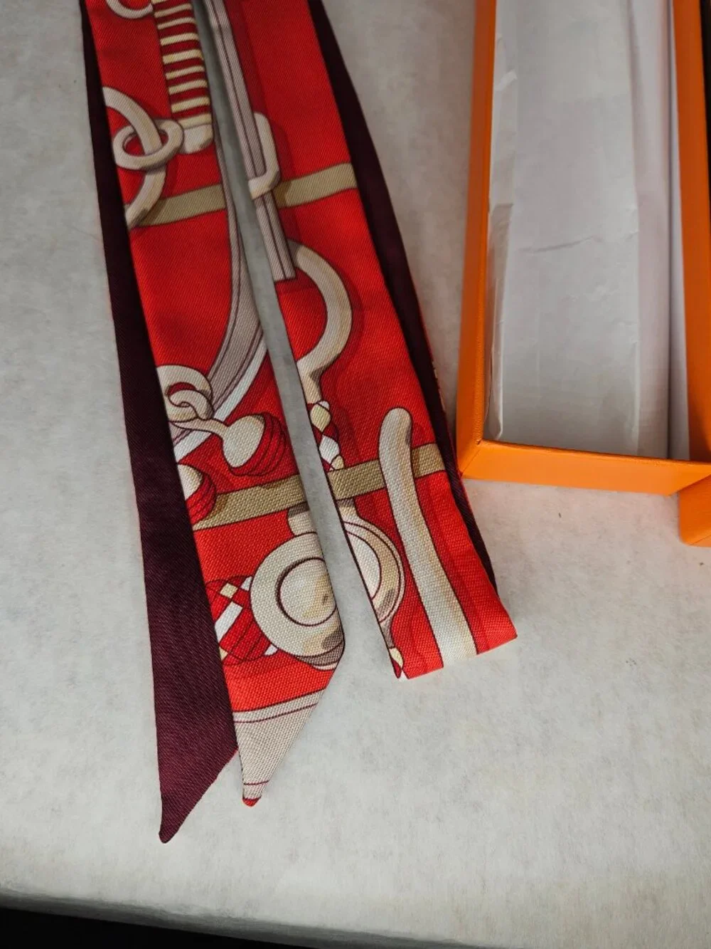 Authentic Hermes Red White Twilly Thin Silk Scarf with Box